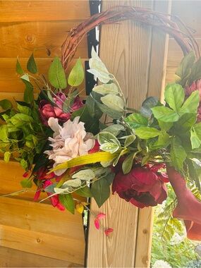 Artificial Floral Grapevine Wreath with Burgundy and Pink Flowers